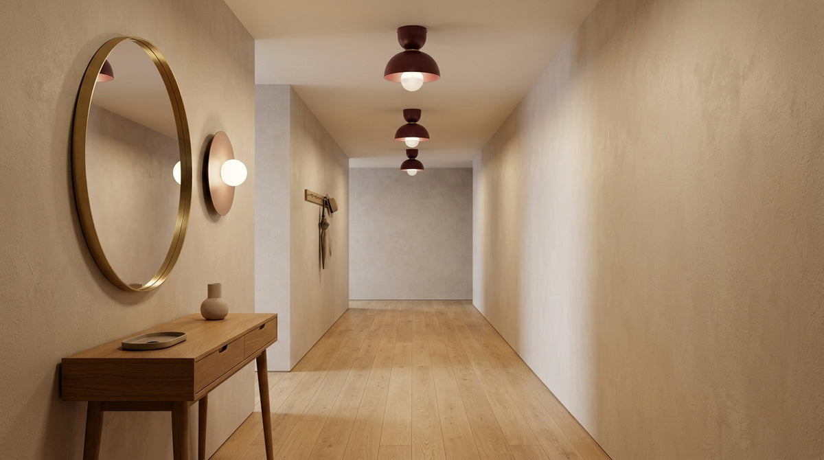 HDECO Umbrella ceiling lights and Luna Disc wall light illuminating a modern hallway