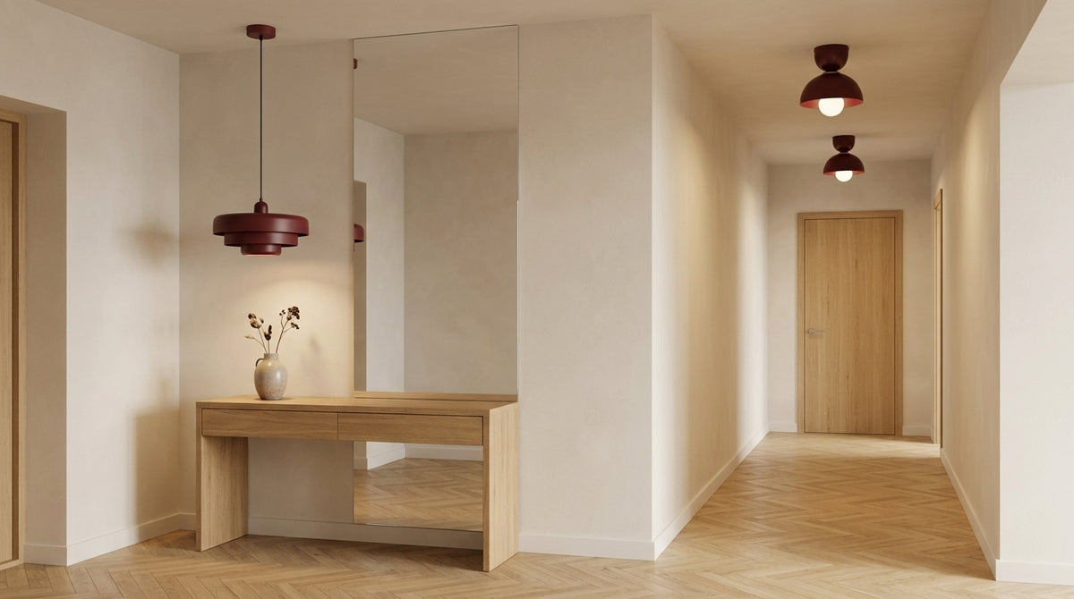HDECO pendant in a foyer beside flush-mount lights in an entryway corridor