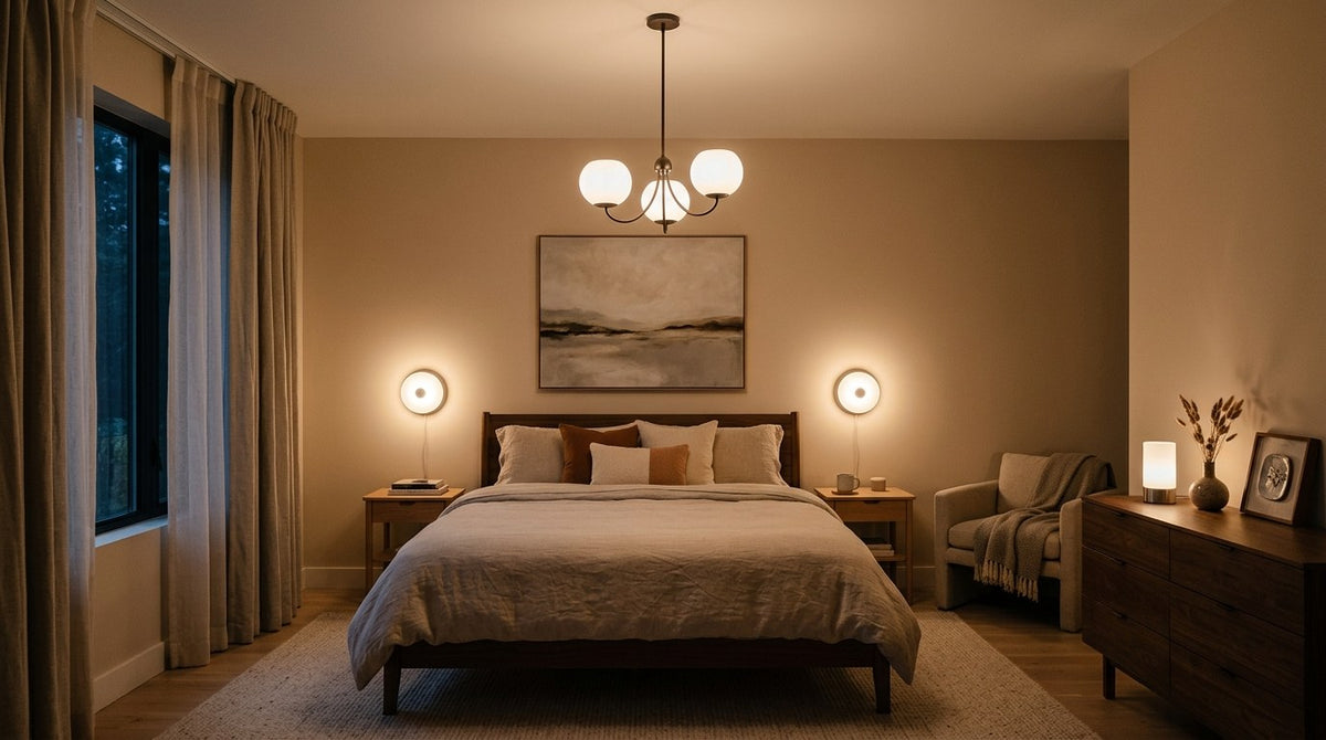 Layered bedroom lighting with an Allegro pendant, Luna Disc bedside wall lights and a dimmable accent lamp