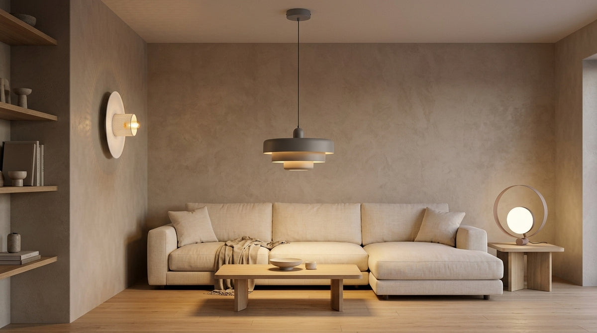 HDECO pendant, table and wall lights creating layered lighting in a modern living room