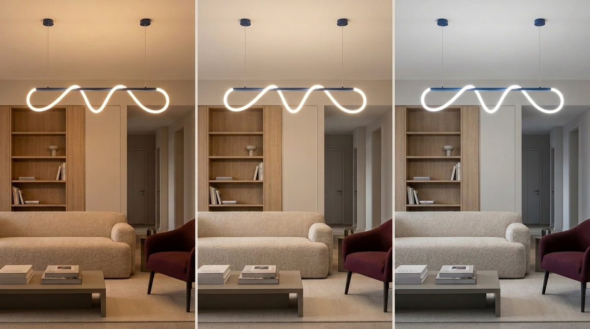 The same HDECO living room shown under 2700K, 3000K and 4000K lighting