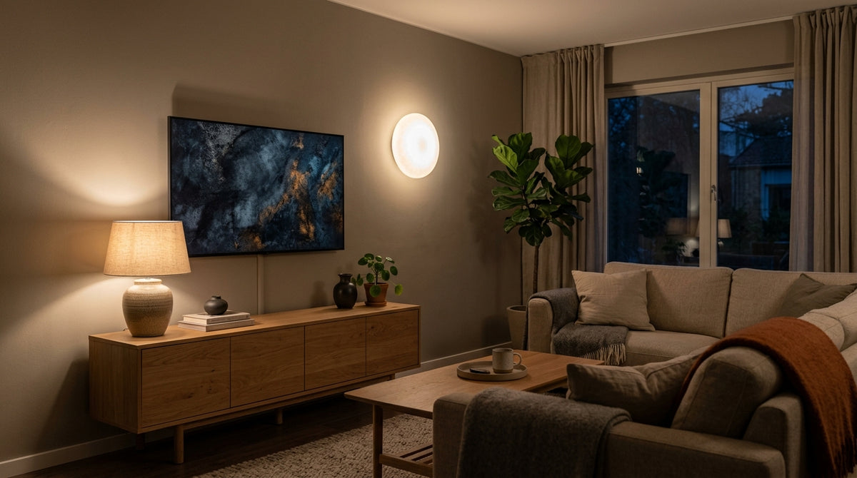 Warm living room TV lighting with a soft wall light and no glare on the screen
