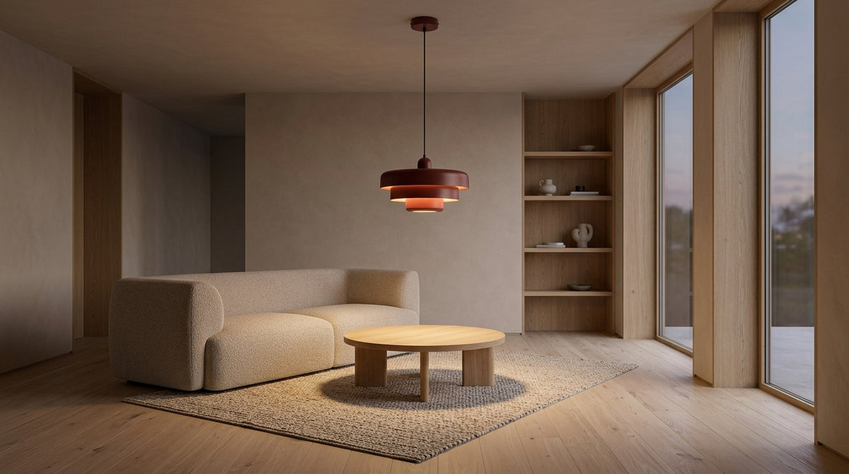 HDECO BOnO pendant light positioned above a coffee table in a modern living room