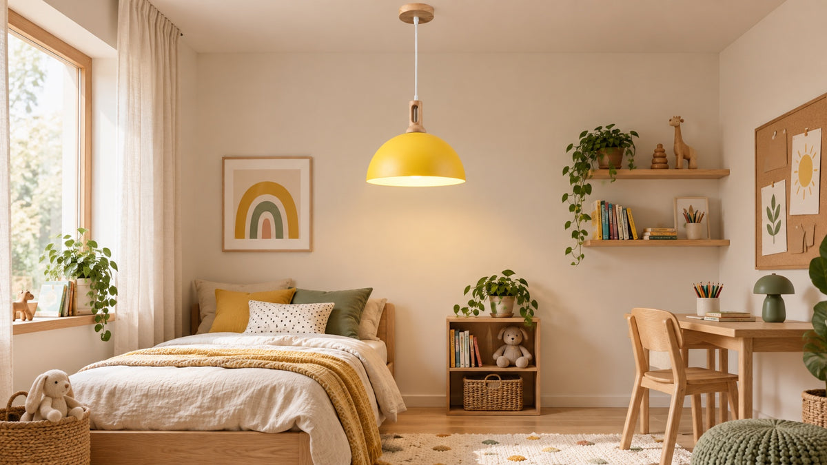 Yellow HDECO dome pendant light with natural wood details and a white cord for a child’s room